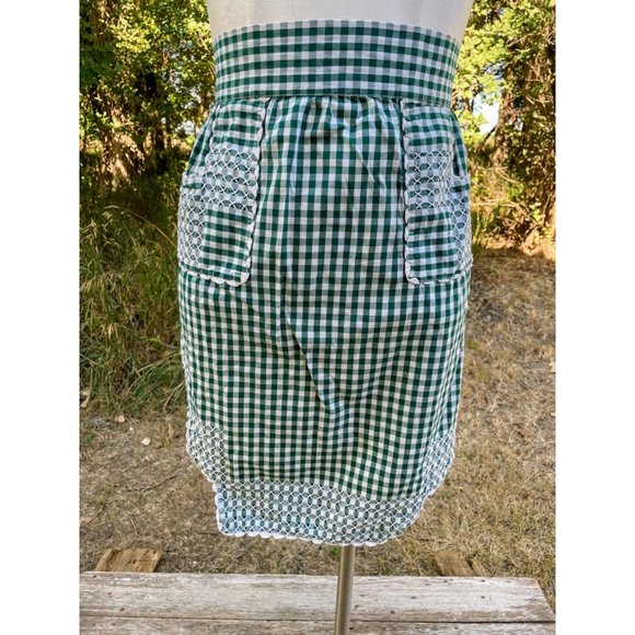 Vintage Half Apron Green Gingham Checked Smocked Apron Farmhouse - Picture 8 of 9